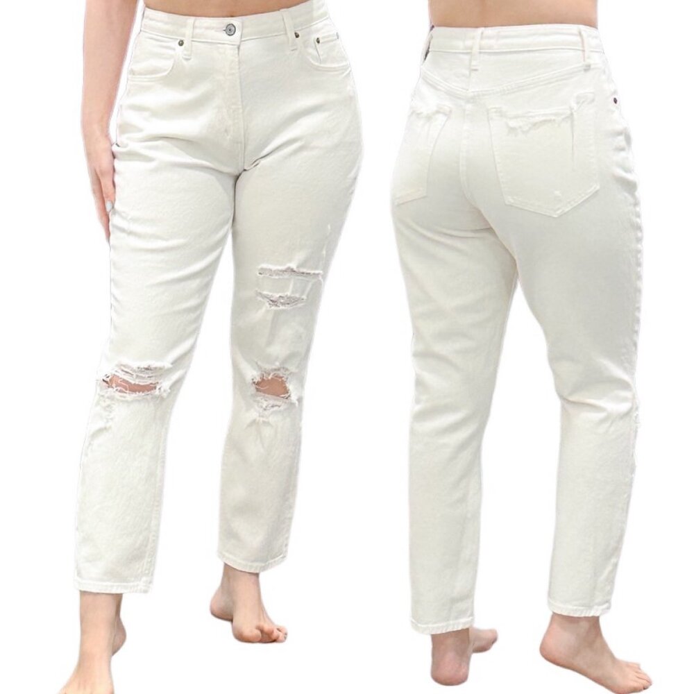 Abercrombie & Fitch High Rise Distressed Mom Jean in White Cream Curve Love